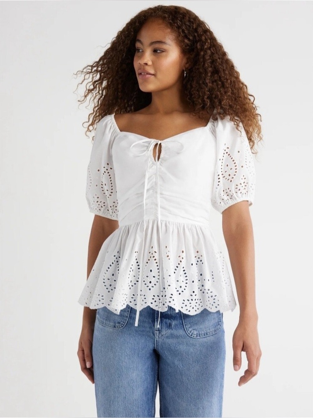FREE ASSEMBLY | White Eyelet Peplum Tie-Front Cotton Ruched Eyelet Halter Top